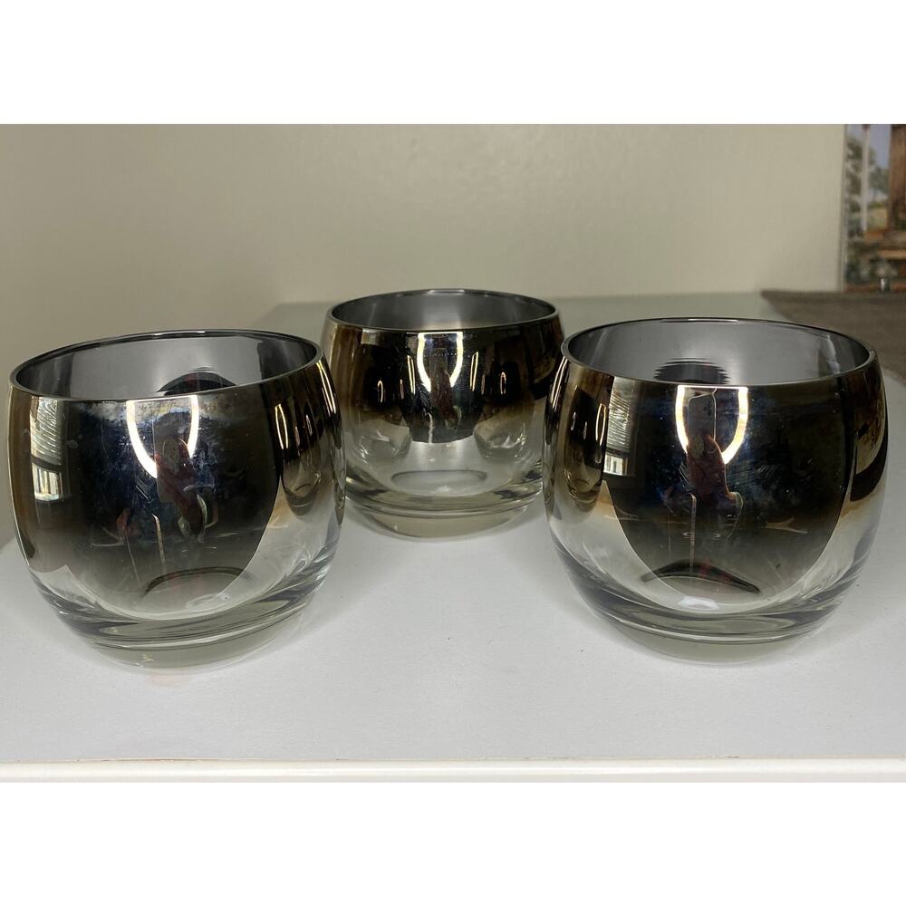 Vintage Vitreon Queens Lusterware Roly Poly Whiskey Glasses Silver Fade